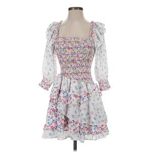 Floral Smocked‎ Tiered Mini Dress White Multi Medium